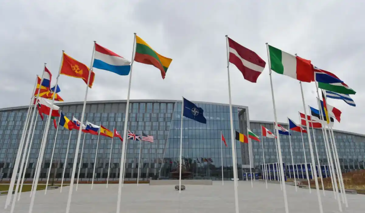 Flags of NATO member countries showing teamwork and leadership in military command