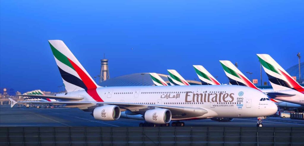 Emirates airplanes on runway as Dubai flights are suspended due to regional airspace restrictions